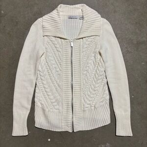 Y2K Liz Claiborne White Cable Knit Zip Up Sweater Cardigan Rory Gilmore 2000s